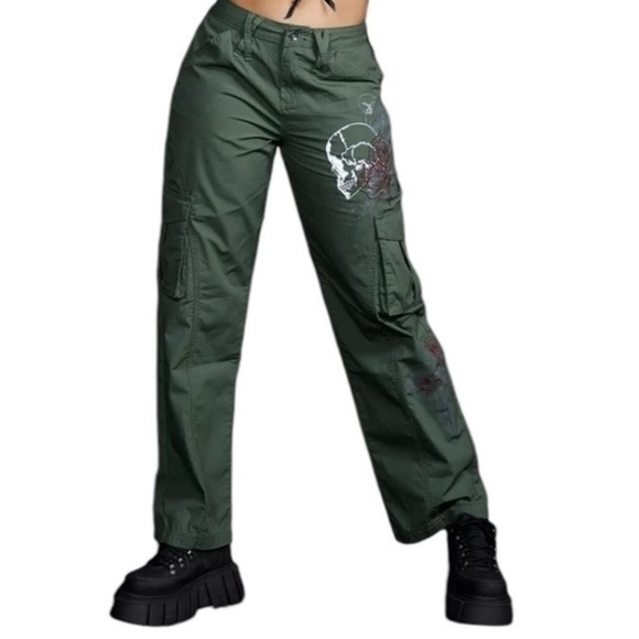 Social Collision Graffiti Skull Cargo Pants/HOT TOPIC Gothic Lolita Gorpcore - Picture 1 of 15